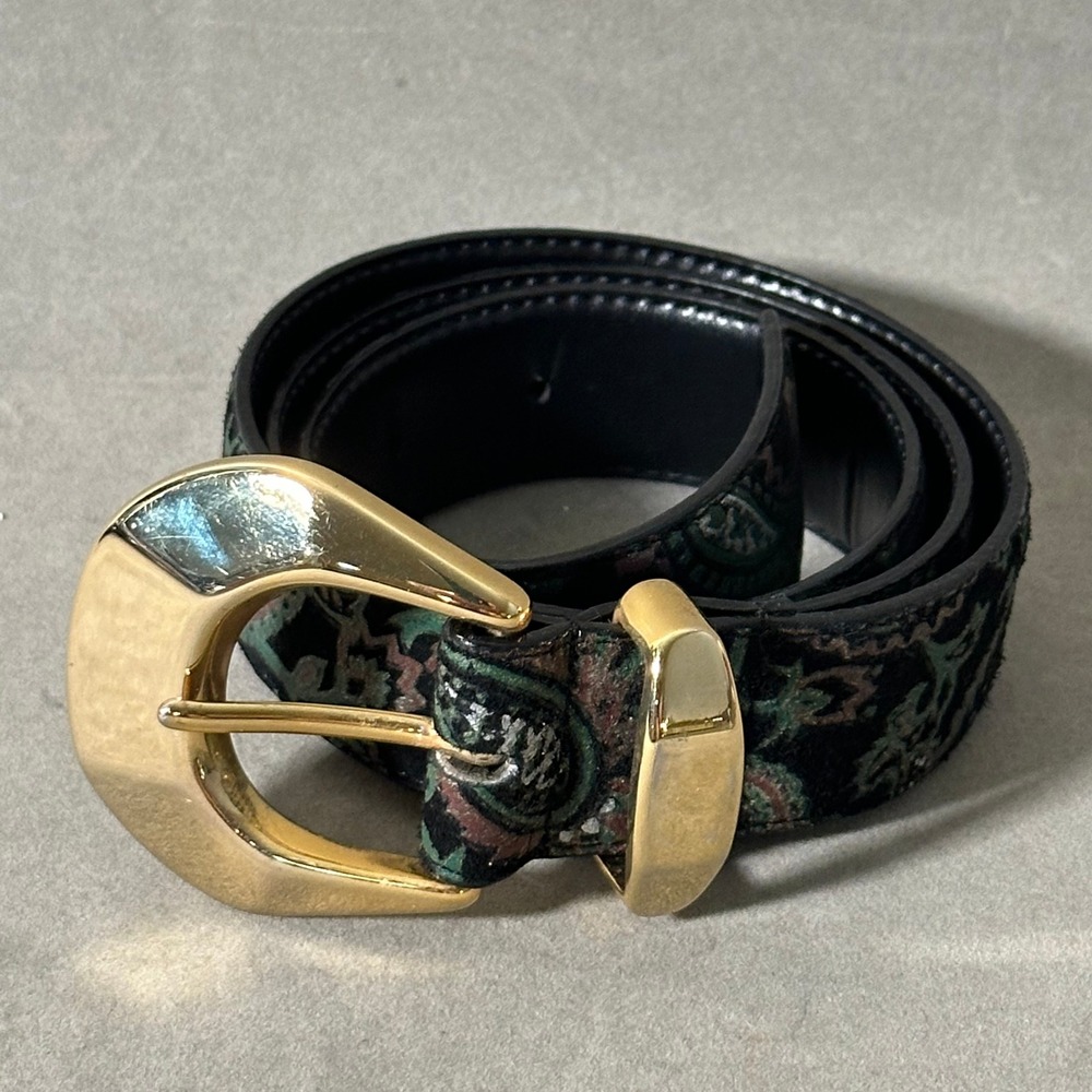 Doncaster Vintage Paisley Velvet Belt Gold Tone Buckle Black Green Mauve‎ Size M